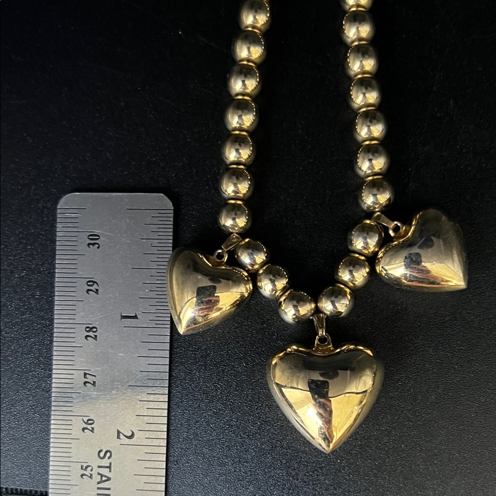 Vintage 20” Gold Tone Beaded Necklace with Three Heart Pendants - Picture 7 of 10